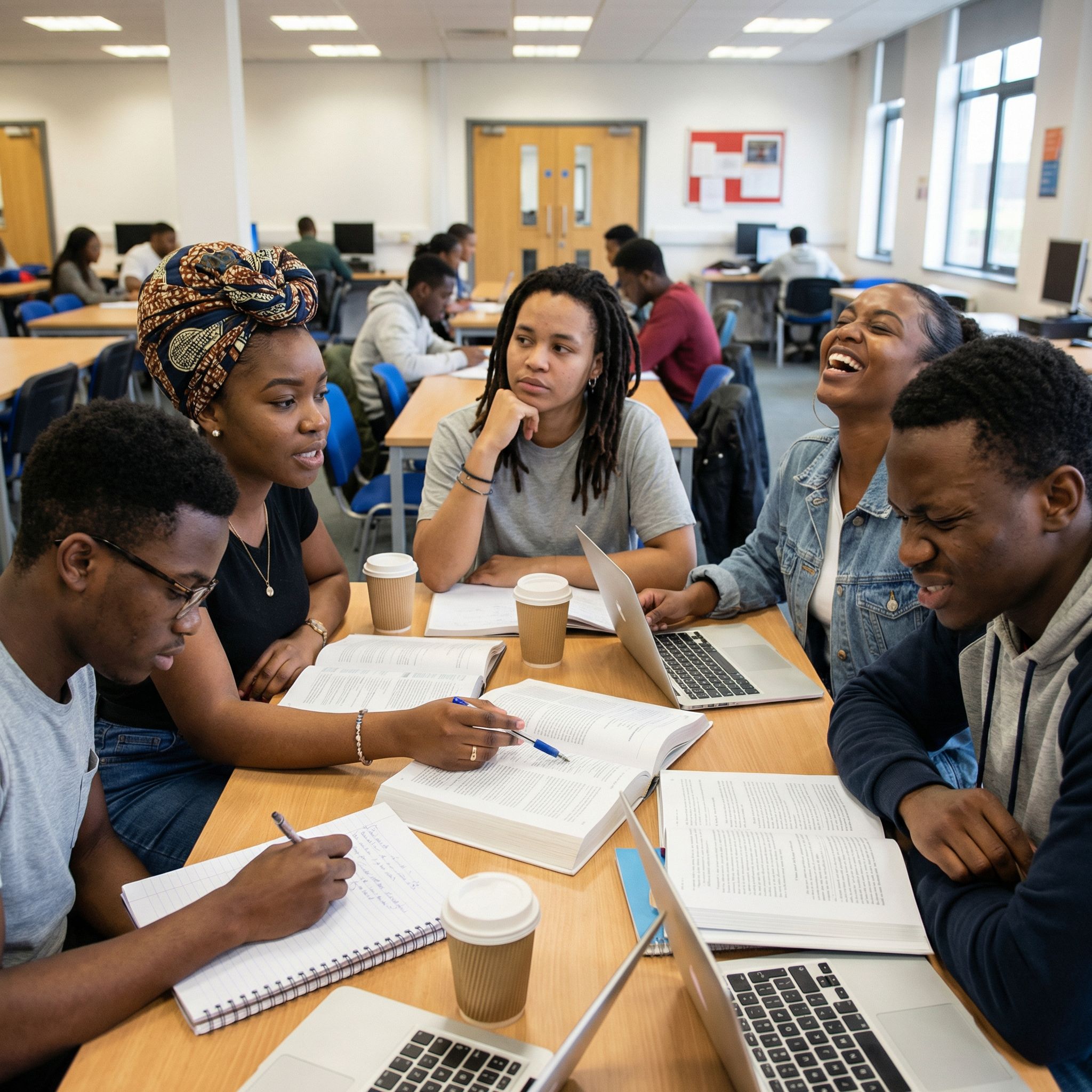 Students laughing and working together in a university computer lab