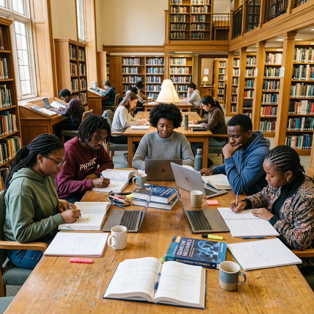 African university students studying together with laptops and books in a university library