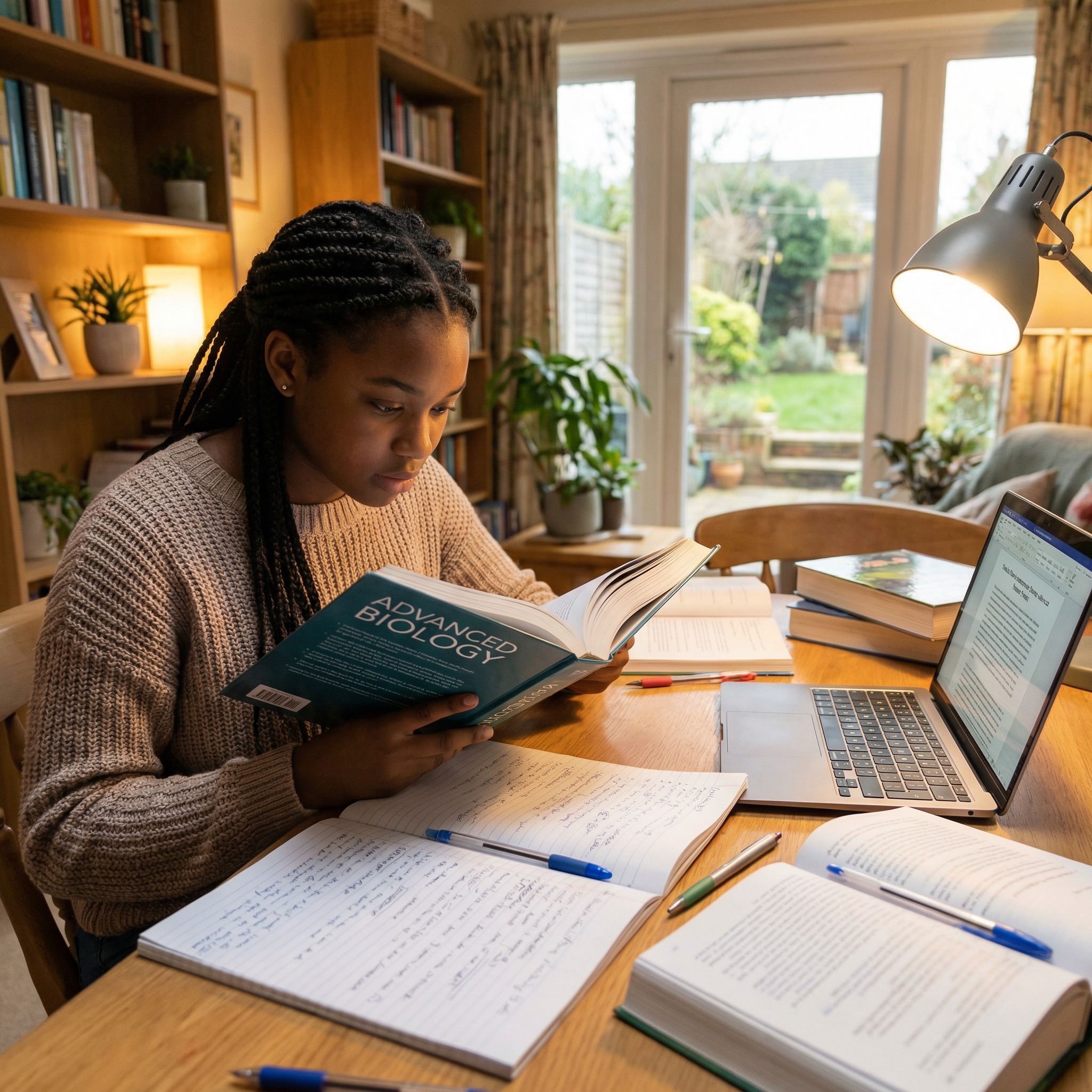 A focused young woman studying at her desk with a textbook, notebook and laptop